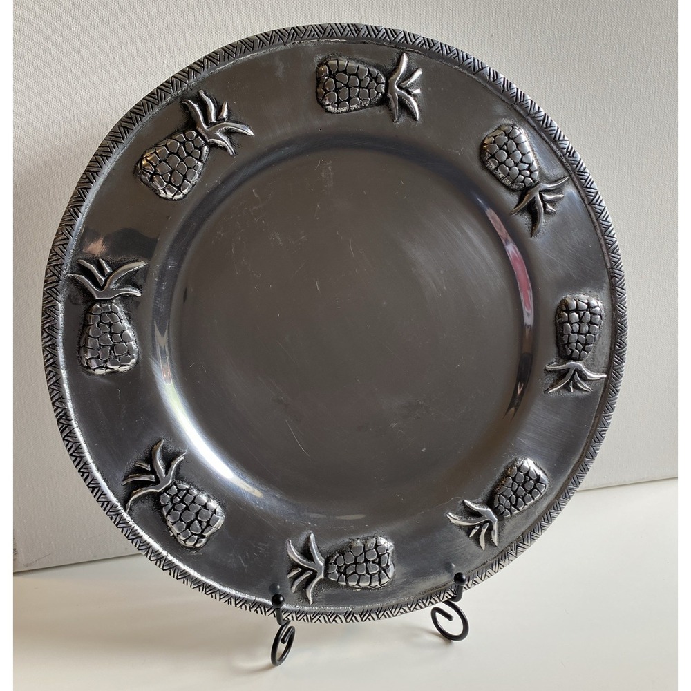 Vintage Huge Pineapple Fruit Pattern Pewter Serving Plate ~ 12.5"